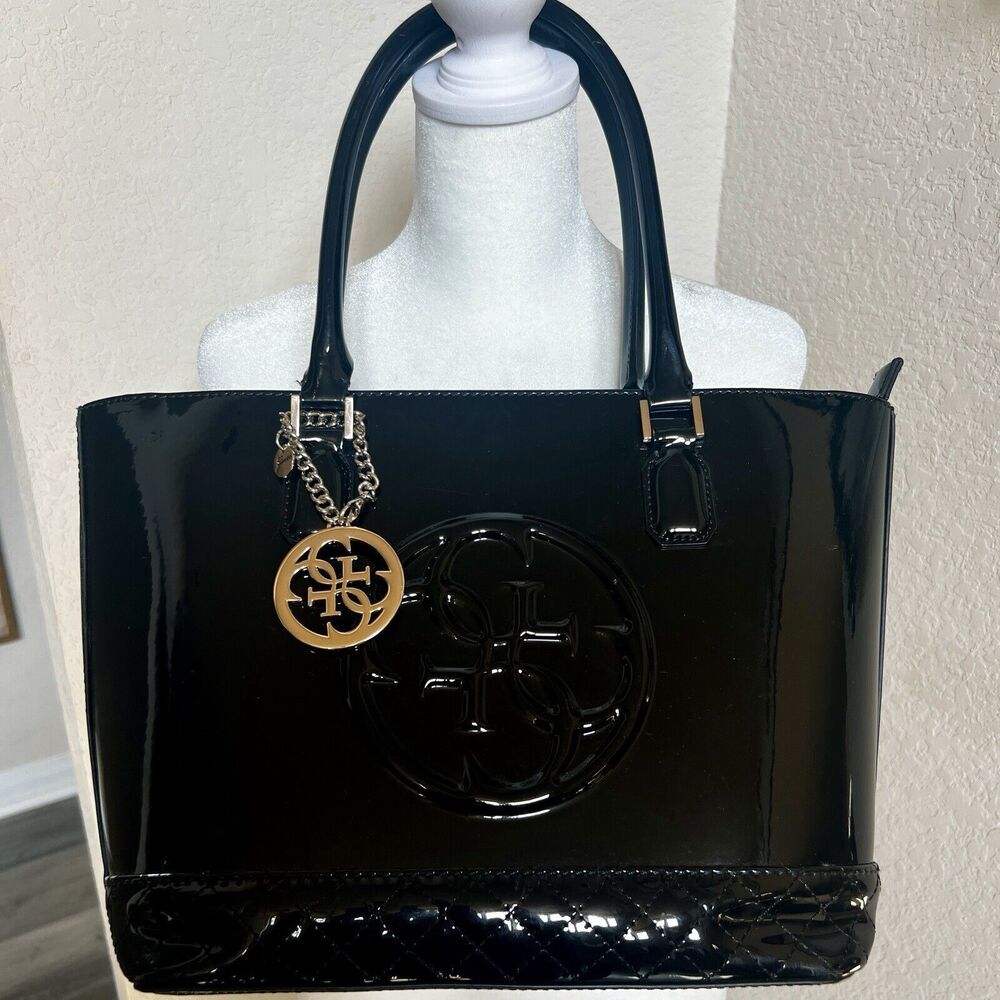 GUESS Limited Edition Amy Tote Satchel Handbag Shiny Black Excellent Condition